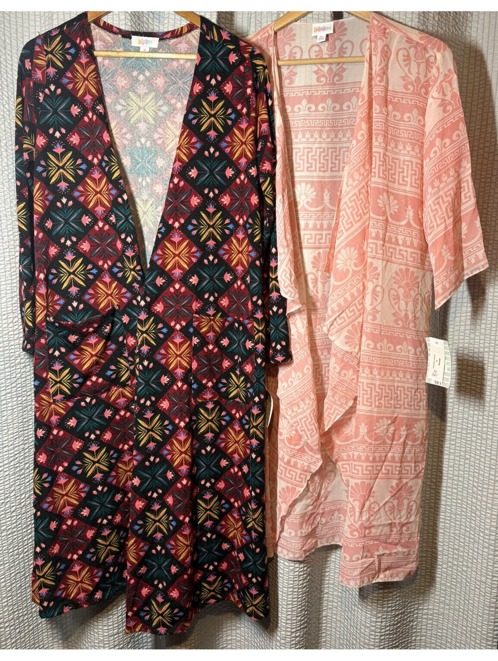 Lot of 2 NWT LuLaRoe Shirley Kimono Greek Key, Sarah Floral Diamond Size Medium